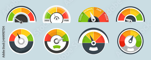 Gauge meter indicator icon collection. Speedometer, gauge meter, indicator, scale, level icons in a flat design. Satisfaction ratings of varying degrees