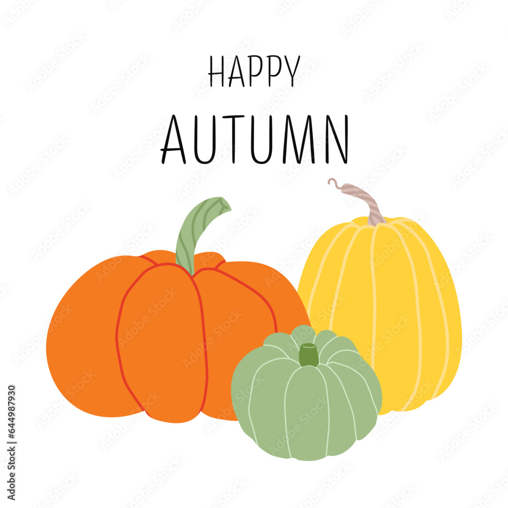 Happy autumn card. Hand drawn pumpkins on white background. Vector harvest, autumn design element for poster, banner, badge, label, print, card Happy autumn card. Hand drawn pumpkins on white background. Vector harvest, autumn design element for poster, banner, badge, label, print, card