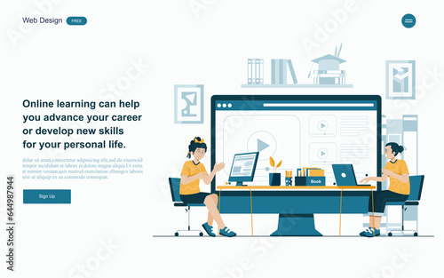 Online education concept.Online learning with platform and resources.Vector illustration.
