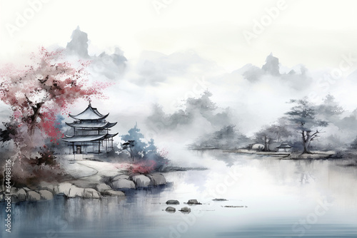 Chinese village scenery by the river, Zen ink hand painting photo