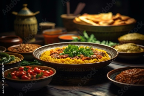 Close up of traditional Middle Eastern dishes like kabsa, hummus, maqluba, and tabbouleh. Muslim family dinner during Ramadan, Arabian cuisine. Generative AI