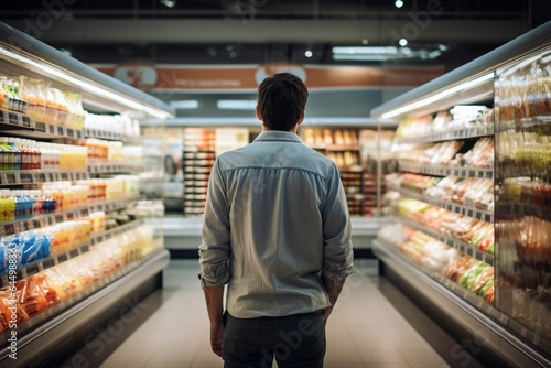 Man in a supermarket. Back view. AI generated