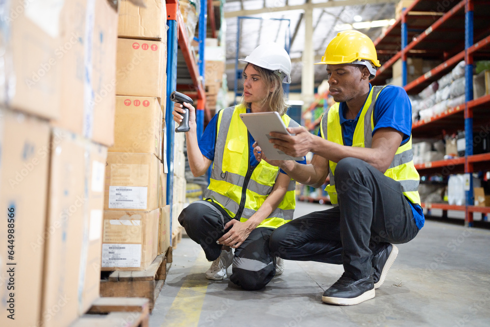 Distribution warehouse worker scanning bar code examining inventory in stock. Merchandise supervisor, logistic engineer working at storage room in storehouse for goods order and delivering management Distribution warehouse worker scanning bar code examining inventory in stock. Merchandise supervisor, logistic engineer working at storage room in storehouse for goods order and delivering management