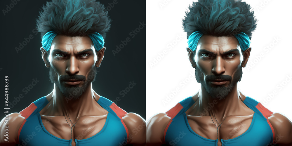 Fototapeta premium Athletic male gamer in blue. Dynamic eSport character isolated for overlays..