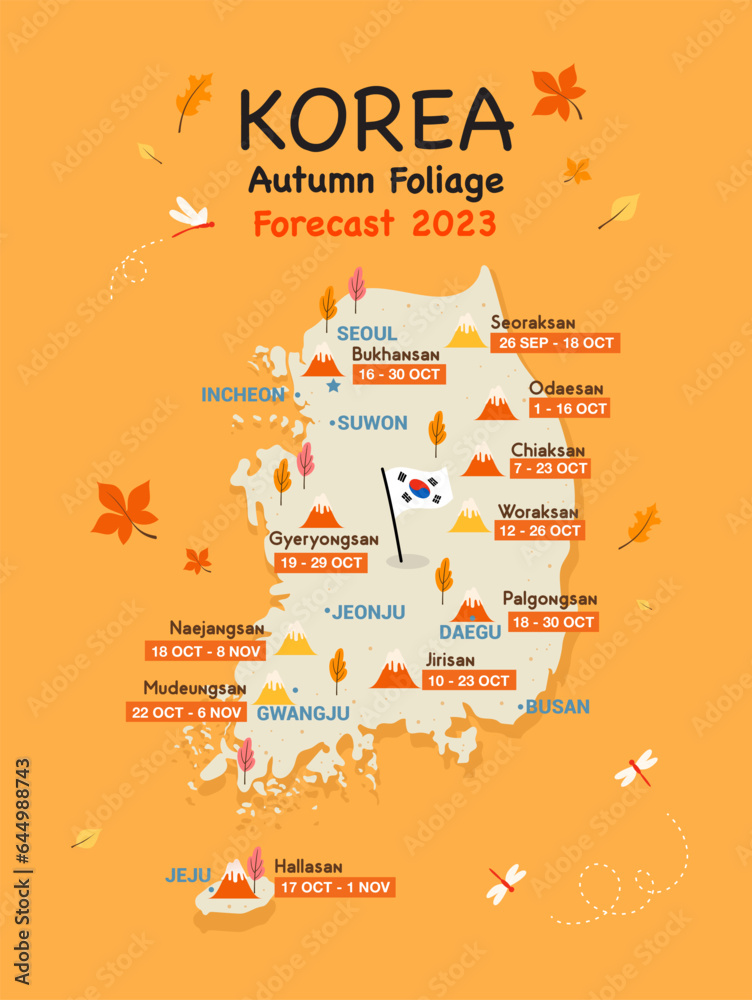 South Korea Autumn foliage forecast 2023 vector illustration. Fall season, Korea map flat design