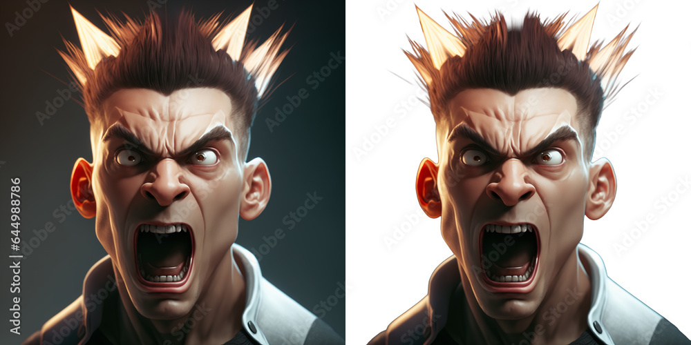 Intense, furious video game character with a wild expression. Isolated avatar portrait for gamers seeking adrenaline.. - obrazy, fototapety, plakaty 