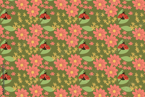 seamless pattern with ladybugs, daisy flowers