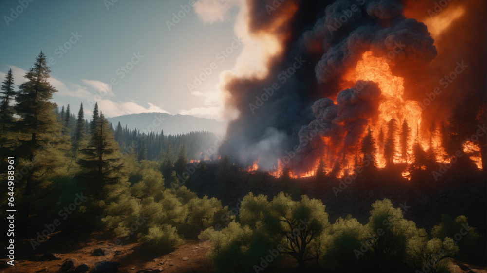 Fototapeta premium Forest Fire Disaster, Climate Change. Ideal for educational materials, illustrating the relationship between forest fires and climate change