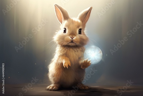 An artwork depicting a cute bunny grasping a sphere between its front paws and gazing upwards towards the viewer. Generative AI