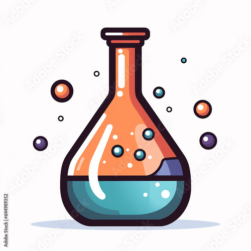 Illustration of a laboratory flask with chemicals in it and isolated in white background. The glass wall is transparent and the color of the chemicals inside can be seen.