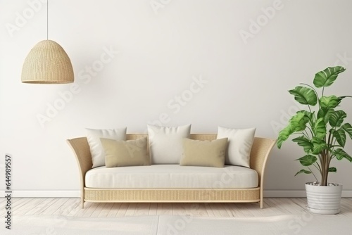 Mock up of a living room with wicker rattan sofa, beige pillows, lamp, green plants, and an empty white wall. Generative AI
