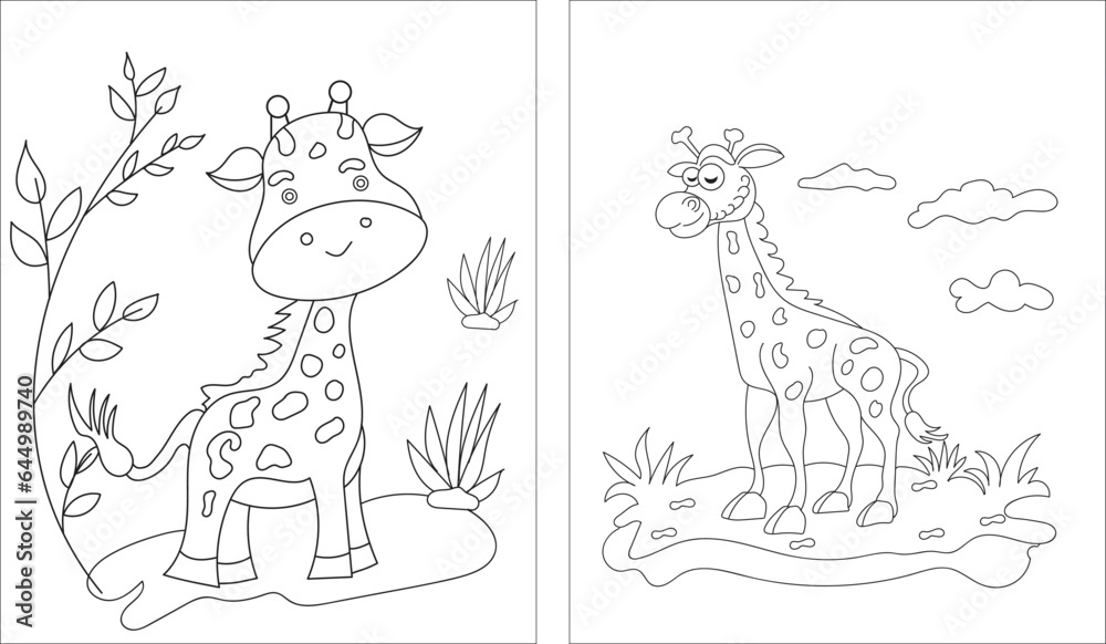 Giraffe cartoon characters isolated on white background. For kids coloring book.