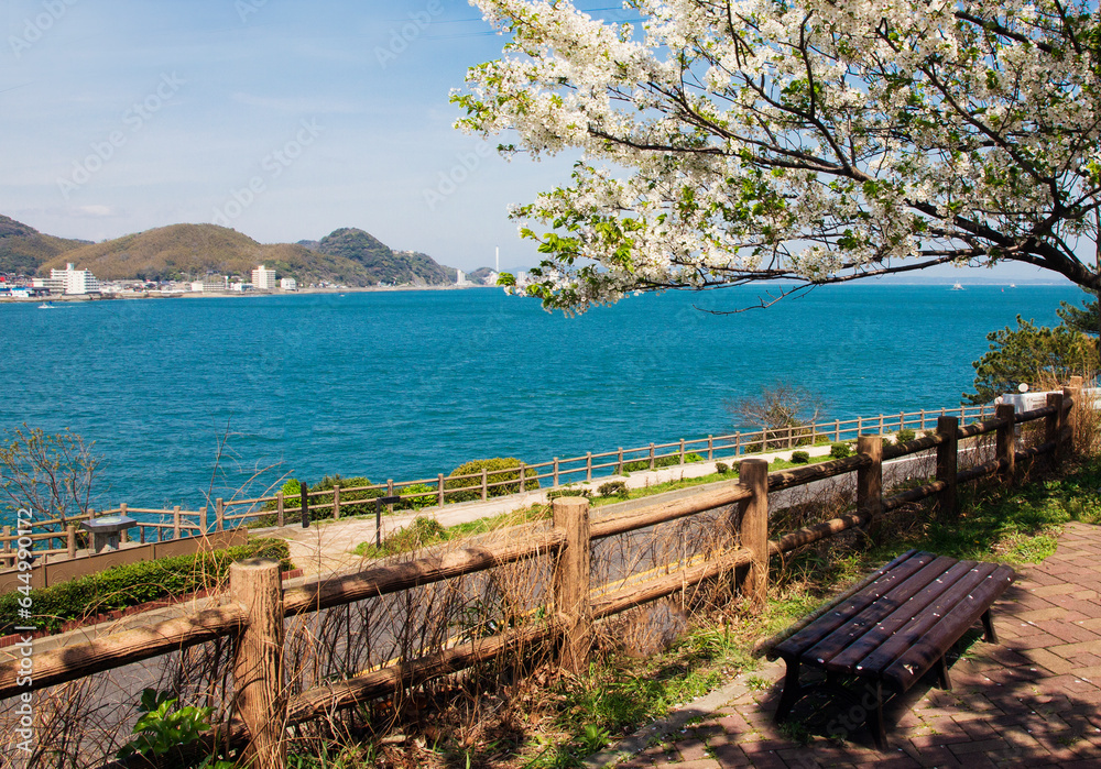 Empty viewing seats, Mojiko Port, in the spring when cherry blossoms are blooming, Kitakyushu City, Fukuoka Prefecture, Japan.