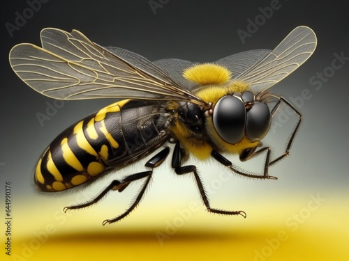 Flying housefly pest with yellow and black color generated by ai © nabeelbaigart