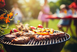 Family and friends gather in a sunny garden, coming together for a picnic barbecue grill. 