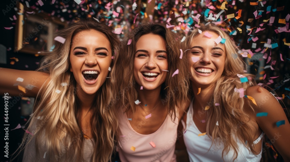 group of girls blowing confetti