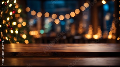 Christmas background wooden table with color bokeh light