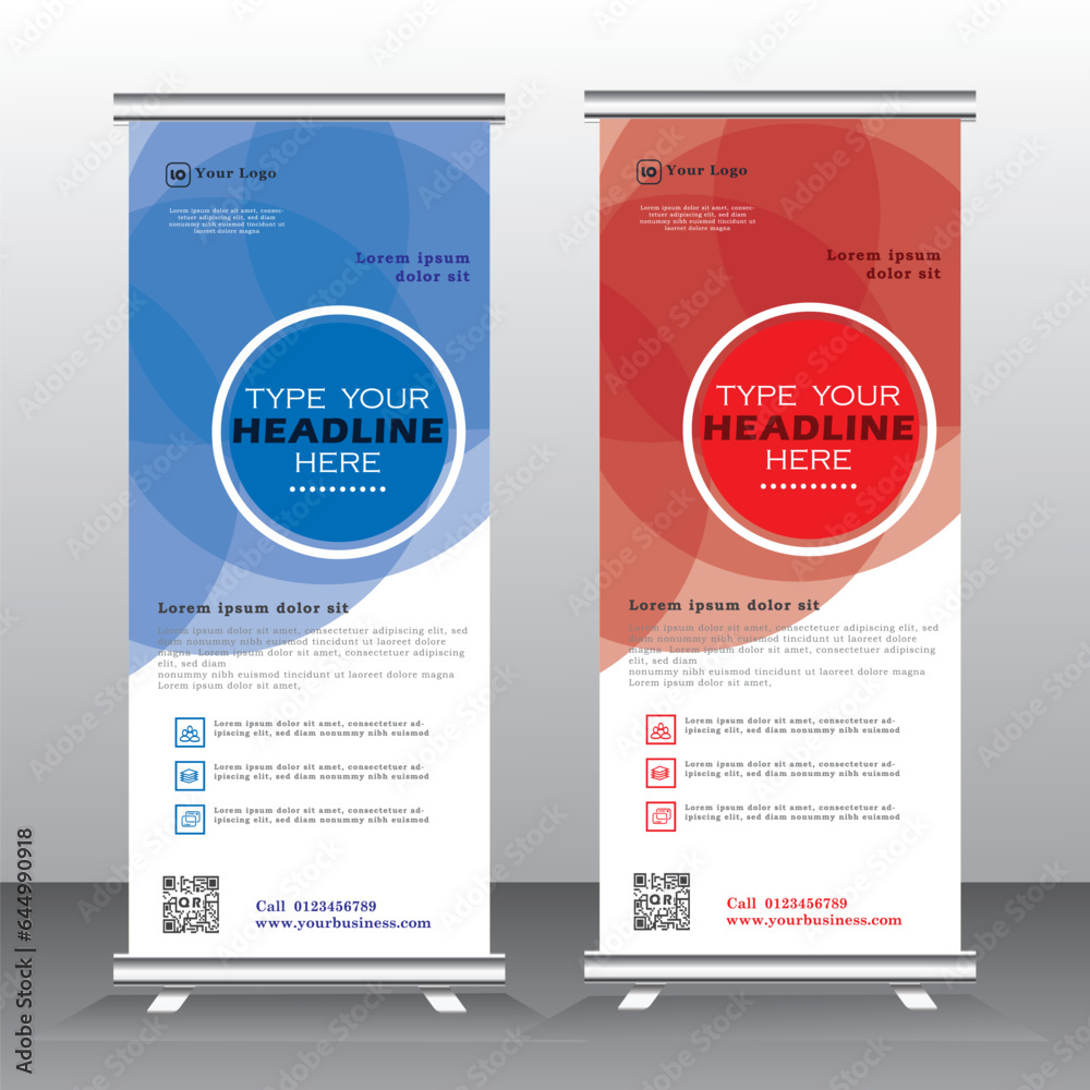 Roll up banner stand design, vertical banner template, blue and red color, vector