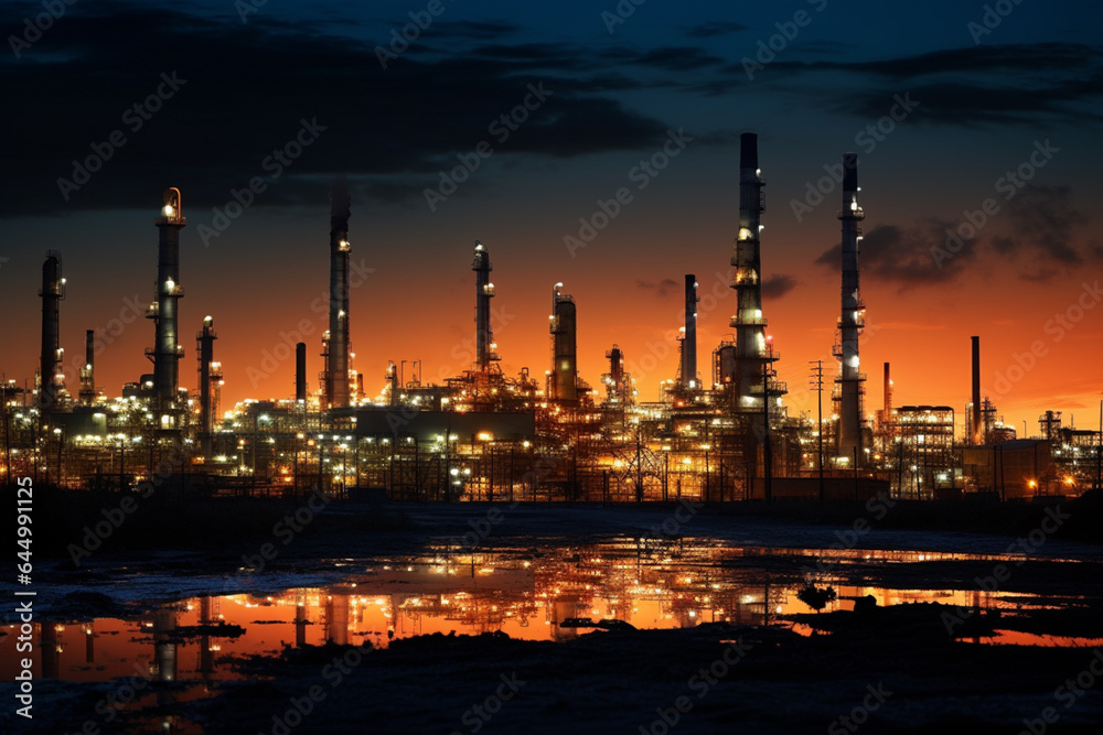 a view of oil refinery during night, industrial concept