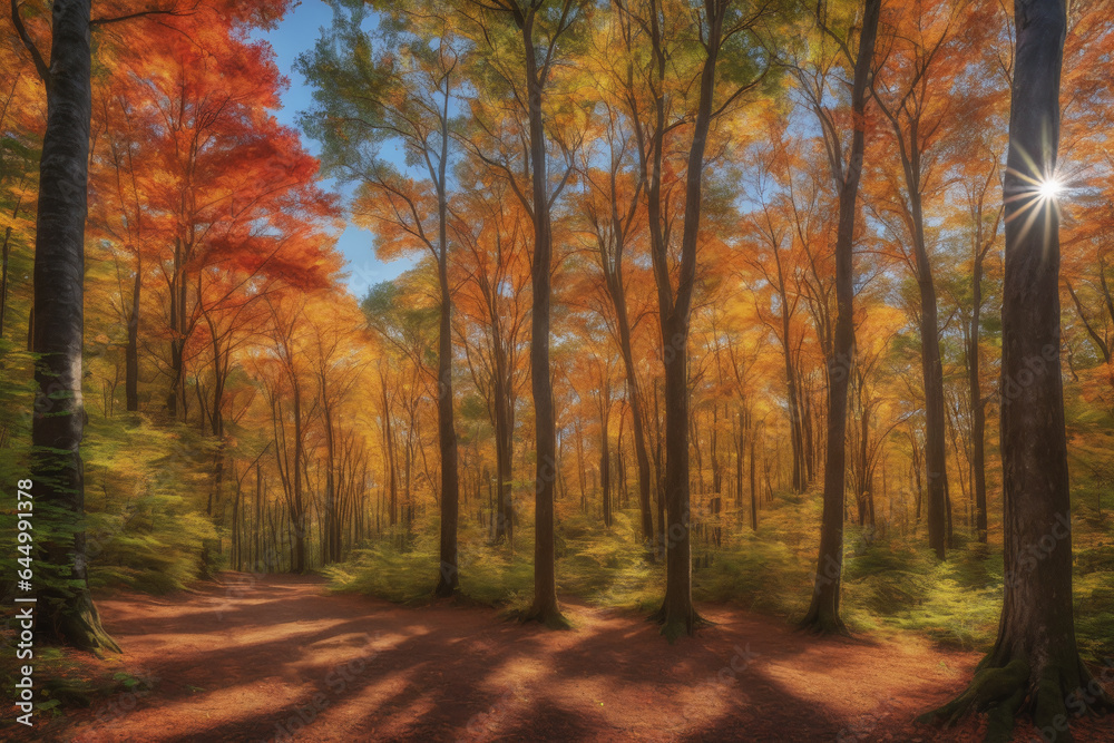 A serene outdoor scene of a sprawling forest canopy ablaze with Fall foliage