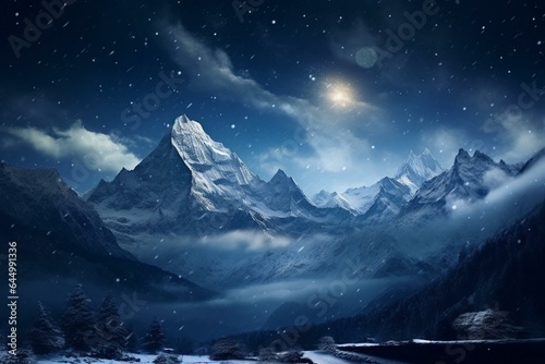 Stunning snow-capped mountains beneath a starlit night sky. Generative AI © Selena