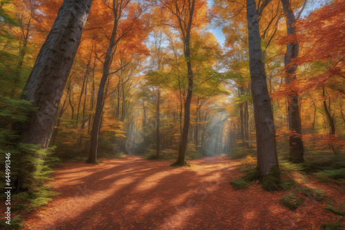 A serene outdoor scene of a sprawling forest canopy ablaze with Fall foliage © Zen