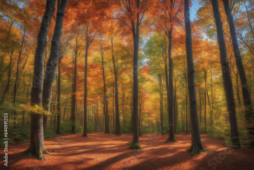 A serene outdoor scene of a sprawling forest canopy ablaze with Fall foliage