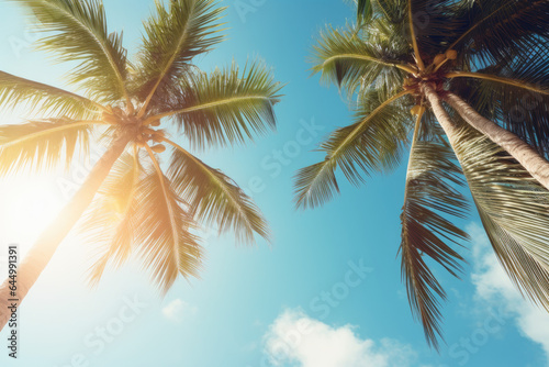 Blue sky and palm trees view from below, vintage style, tropical beach and summer background, travel concept © Nhan