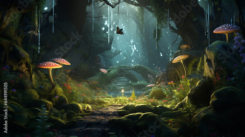 beautiful forest fantasy world with glowing insects trees © Mrsabata
