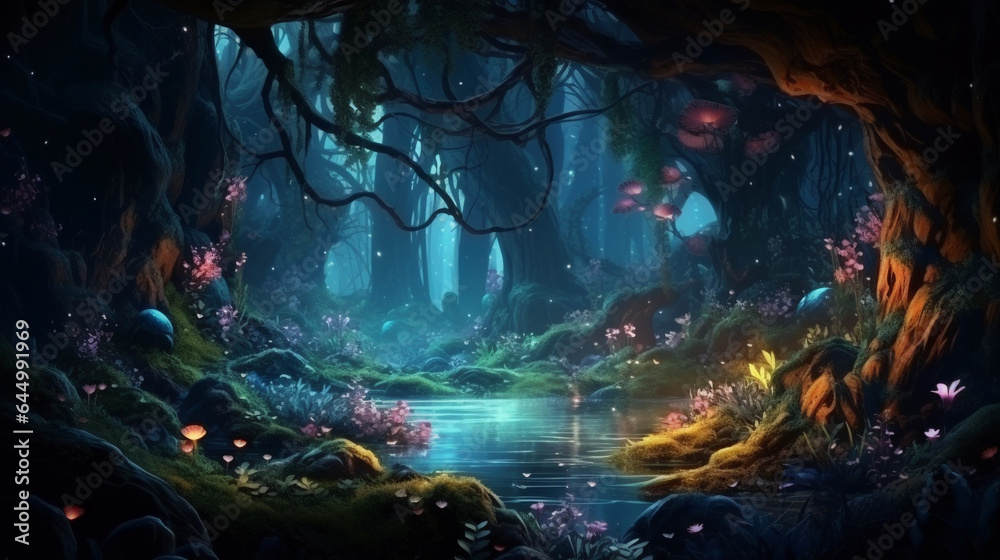 beautiful forest fantasy world with glowing insects trees