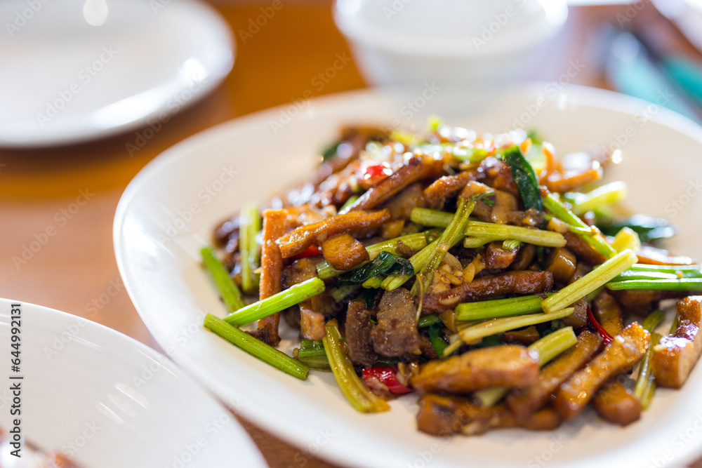 Chinese cuisine with fry tofu and pork meat