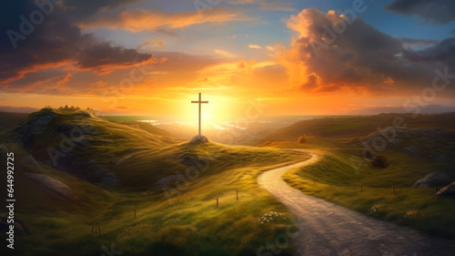 Faith's Journey - Winding Path Towards Radiant Cross Symbolizing Christian Faith Journey, AI Generated 8K.