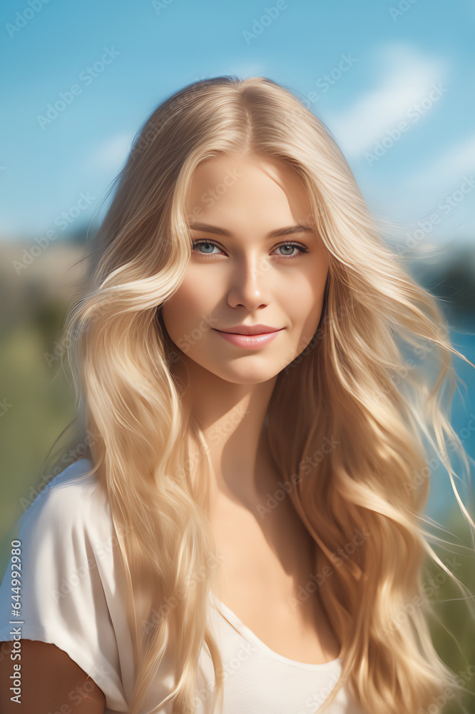 portrait of a beautiful blonde girl with fair skin and blue eyes on a summer background, natural makeup portrait of a beautiful blonde girl with fair skin and blue eyes on a summer background, natural makeup