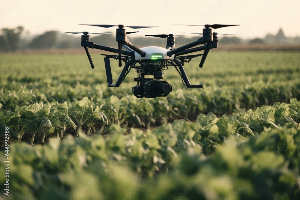 A drone hovers above a field of cabbages, revolutionizing agriculture with automated crop management and environmentally-friendly technology. Generative AI