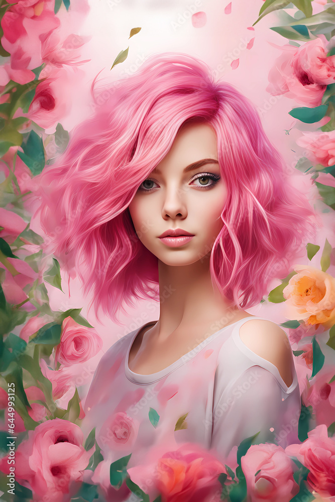 beautiful girl with pink hair on a floral spring background, spring girl