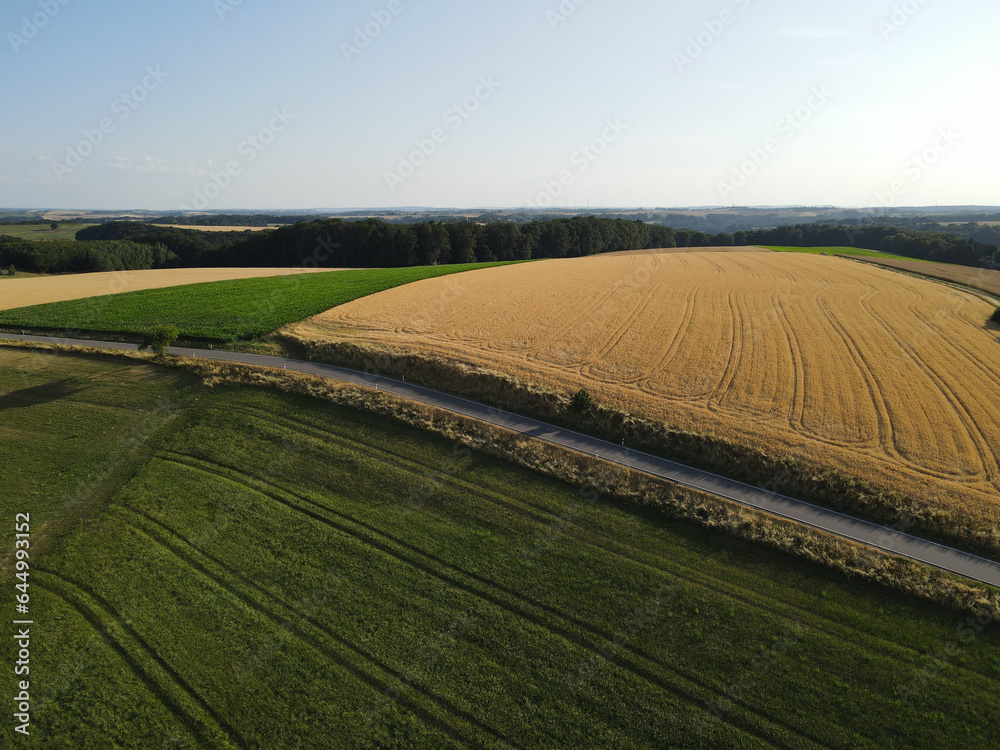 Drone view of a countryside with crop fields in summer Drone view of a countryside with crop fields in summer