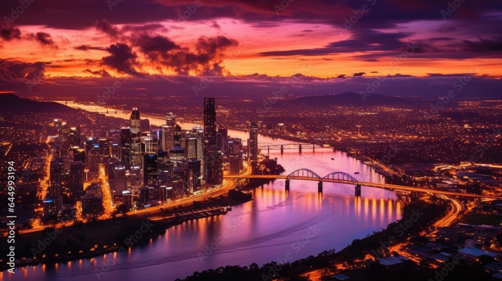 Naklejka premium Sunset Bridge over River Cityscape