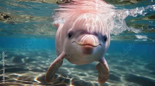  cute pink dolphin underwater. rare species of marine animal