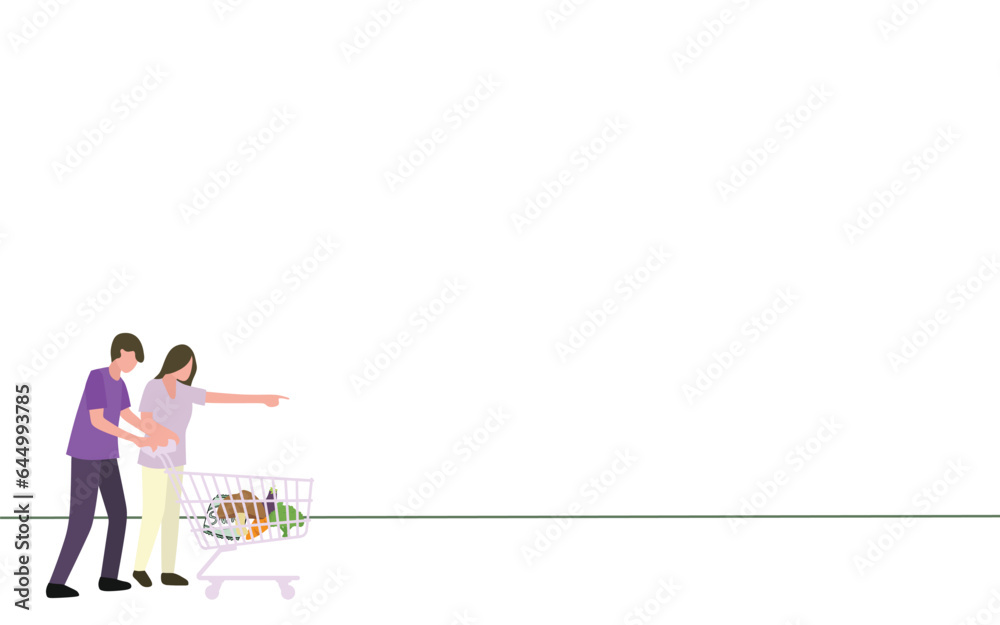 happy couple shopping together concept vector illustration with flat desaign for presentation. push shopping cart, daily needs, supermarket happy couple shopping together concept vector illustration with flat desaign for presentation. push shopping cart, daily needs, supermarket