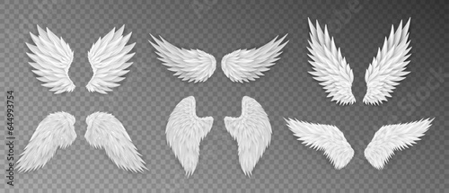 Set of different realistic 3d white angel wings. Masquerade, festival, carnival costume. Cartoon bird wings isolated on transparent background. Freedom, spiritual concept. Vector illustrator EPS 10