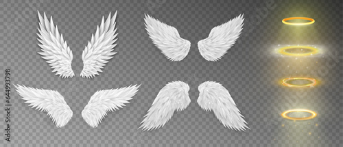 Collection of three dimensional angel white wings and shiny nimbus. Masquerade, festival, carnival costumes. Realistic saint aureole (halo) and wings isolated on transparent background