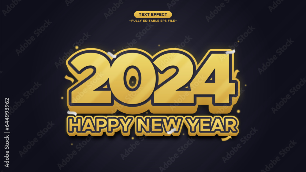 2024 Happy New Year Banner Vector Text Effect, gold color text, black background. modern, simple and elegant style. with fully editable font and text