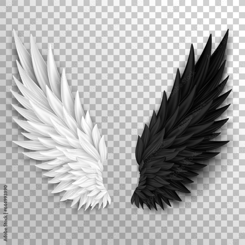 Obraz premium Two realistic half wings isolated on transparent background. 3D white angel wings and dark devil, daemon wings. Heaven and hell, good and evil concept. Festival, masquerade, carnival costume. 