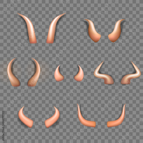 Collection of three realistic three dimensional devil horns. Beige glossy daemon horns isolated on transparent background. Satan decoration, Monster carnival element. Vector illustration EPS 10