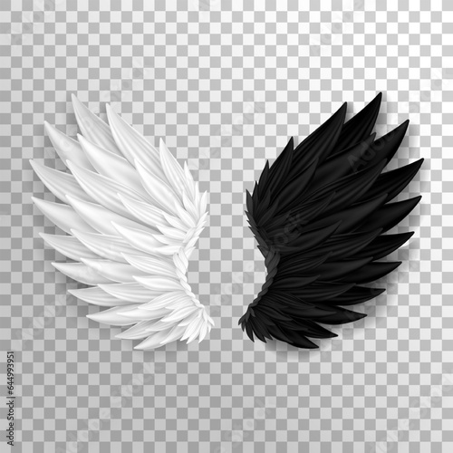Two realistic half wings isolated on transparent background. 3D white angel wings and dark devil, daemon wings. Heaven and hell, good and evil concept. Festival, masquerade, carnival costume. 
