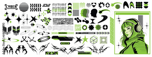 Cyberpunk grid icon element set, vector abstract retro y2k shapes kit, Japanese sci-fi girl face. Retro futuristic design forms, modern cyber geometric acid symbols. Technology groovy cyberpunk shapes
