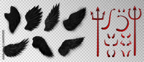 Big set of 3d realistic devil costume elements - red bloody trident, glossy horns, daemon tail and various three dimension devil black wings on transparent background