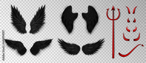 Collection of 3d realistic devil costume elements - red bloody trident, glossy horns, daemon tail and various devil black wings on transparent background