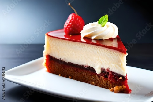 Triangular piece of red velvet cake with white vanilla cream filling