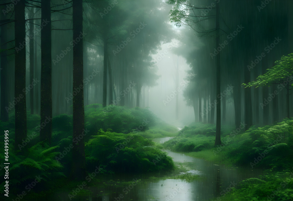 Obraz premium amazing natural green rain forest nature wallpaper, rainy forest